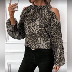 Black and Gray  Leopard Print  Women's Cold Shoulder Top